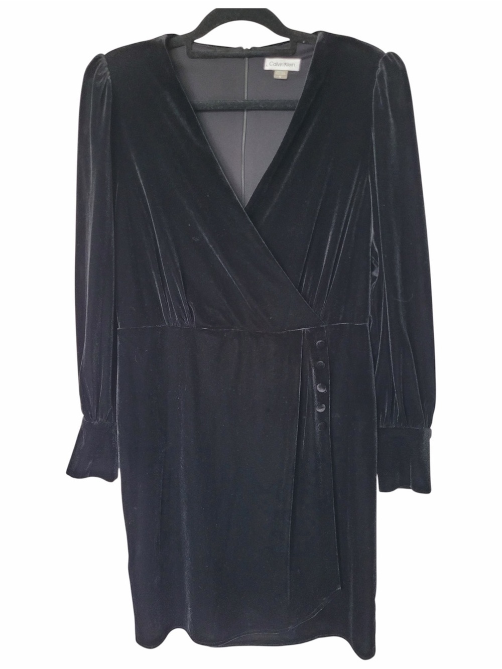 ✅ Calvin Klein Black Velvet Long Sleeve Faux Wrap Dress size 12